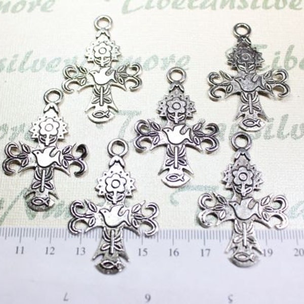 6 pcs per pack of 40x30mm Decorated Vine and Descending Dove on the Cross Charm Antique Silver or Gold Finish Lead Free Pewter