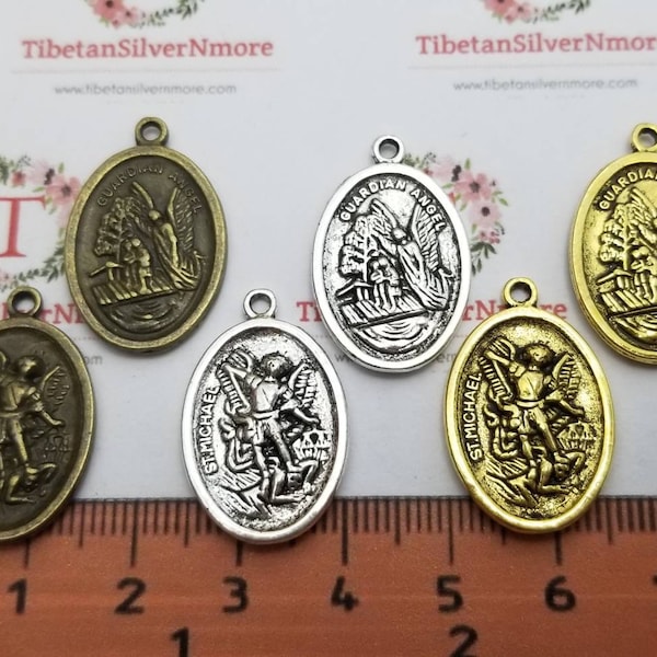 8 pcs per pack 23x17mm Oval Medallion Charm Guardian Angel St. Michael Antique Silver, Gold or Bronze lead free Pewter.