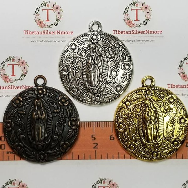 2 pcs per pack 45x40mm One side Large size Lady Guadalupe Medallion Pendant in Antique Silver, Gold or Copper lead free Pewter.