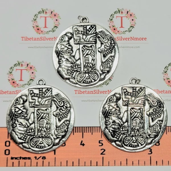 3 pcs per pack 36mm Mayan Glyph Solid Medallion Pendant Antique Silver Finish Lead Free Pewter