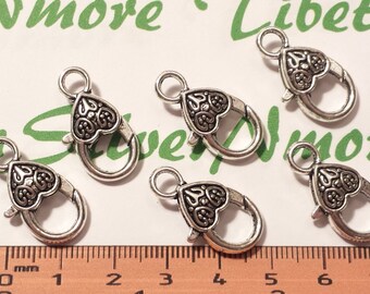 6 pcs per pack 24x12mm Fancy Medium Heart Lobster Clasp Antique Silver finish Lead Free Pewter.