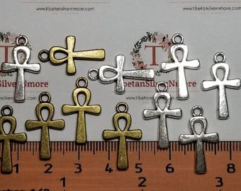 16 pcs per pack 16x10mm Small Ankh Cross Charm in Antique Silver and antique Bronze Lead fre Pewter