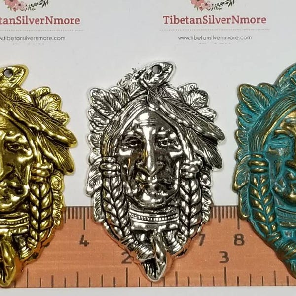 2 pcs a pack  58x35mm Native American Chief Head Pendant Antique Silver, Gold or Patina Bronze Finish Lead Free Pewter