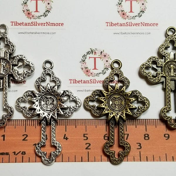 3 pcs per pack 53x34mm San Benito Cross Rosary Antique Silver or Bronze Finish Lead Free Pewter.