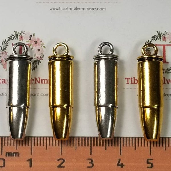 4 pcs per pack 33x9mm 7mm thickness Silver Bullet Charms Antique Silver or Gold Finish Lead Free Pewter