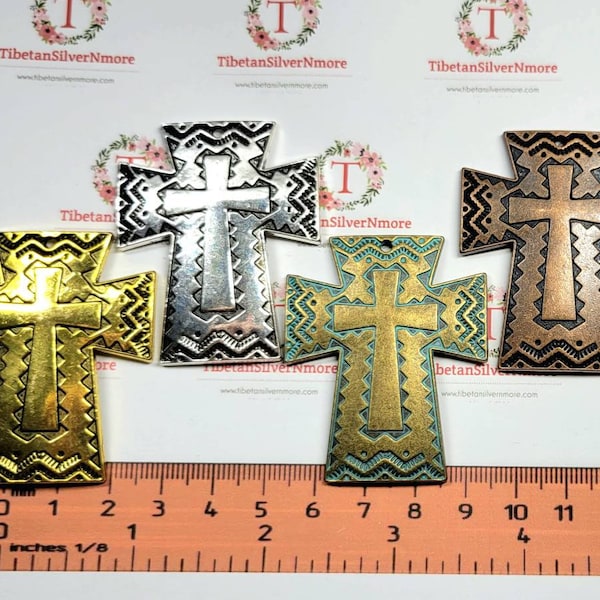 3 pcs per pack 49x40mm Large Cross Pendant in antique Silver, Gold, Bronze Patina or Copper Lead Free Pewter