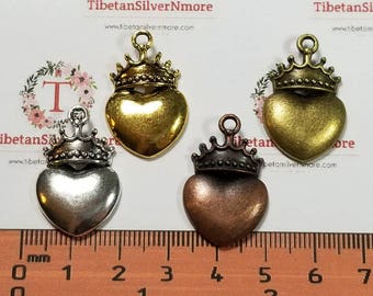 8 pcs per pack 28mm Heart with Crown Charm in color to choose Finish Lead Free Pewter