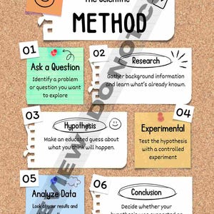 May include: A corkboard displays a visual guide to the scientific method. The title "The Scientific METHOD" is at the top. Steps include "Ask a Question," "Research," "Hypothesis," "Experimental," "Analyze Data," and "Conclusion."
