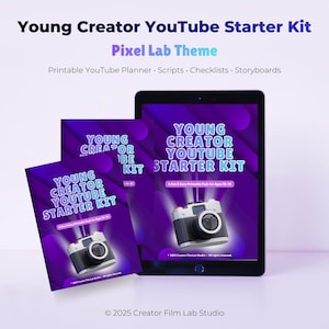 May include: A digital tablet and two printed guides feature the text "Young Creator YouTube Starter Kit" in white and purple. The kit includes a printable YouTube planner, scripts, checklists, and storyboards. A camera graphic is displayed on the guides.