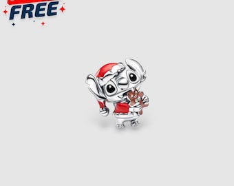 Disney Stitch Holiday Charm S925 Silver, Santa Hat Cookie Bead, Pendant for Necklace & Bracelet, Handmade Cute Alien, Winter Christmas Gift
