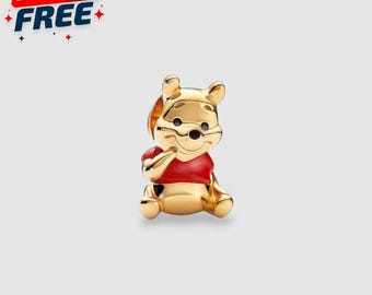 Disney Winnie Pooh Charm 14k Gold Plated, Red Enamel Shirt Bead, Pendant for Necklace & Bracelet, Best Friend Gift, Her Cute Cartoon Jewelry