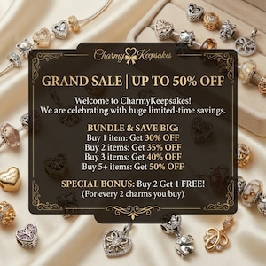 May include: An advertisement for Charmy Keepsakes jewelry charms. The image features a variety of charms, including heart and bead designs. Text on the image announces a grand sale with discounts up to 50% off and a special bonus offer.
