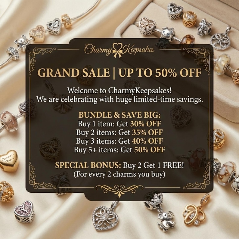 May include: An advertisement for Charmy Keepsakes jewelry charms. The image features a variety of charms, including heart and bead designs. Text on the image announces a grand sale with discounts up to 50% off and a special bonus offer.