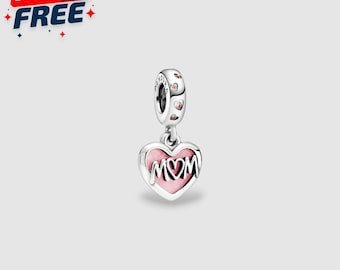 Mom Script Heart Dangle Charm S925, Pink Enamel, I Love You, Mother Bead, Mothers Day Present Idea, Gift for Her, Christmas Present