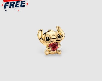 Disney Stitch Heart Charm 14k Gold Plated, Cute Alien Bead, Pendant for Necklace & Bracelet, Ohana Love Jewelry, Valentines Day Gift For Her