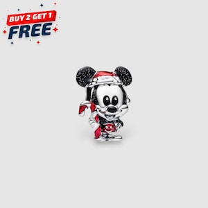 Authentic sterling silver Mickey Mouse charm wearing red Santa hat and holding candy cane for Christmas jewelry.