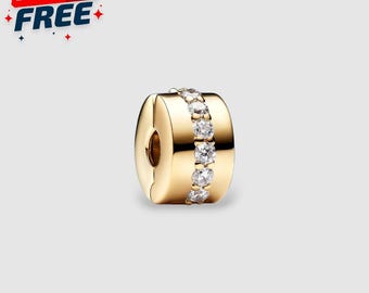 Clear Sparkling Row Clip Charm 14k Gold Plated, CZ Stone Stopper, Spacer Bead Divider, Luxury Holiday Jewelry, Christmas Gift Idea For Her