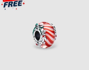 Candy Murano Glass Charm S925 Silver, Red White Swirl Bead, Pendant for Necklace & Bracelet, Handmade Sweet Holiday Jewelry, Christmas Gift