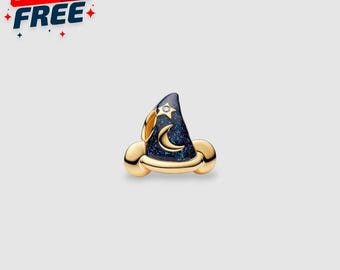 Disney Fantasia Berlock 14k Guldpläterad, Musse Pigg Trollkarlshatt, Hänge till Halsband & Armband, Magisk Julklapp till Henne Söta Tecknade Smycken
