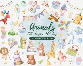 Birthday Animals Clipart | Watercolor Party Animal PNG, Kids Birthday Stickers, Digital Art Download