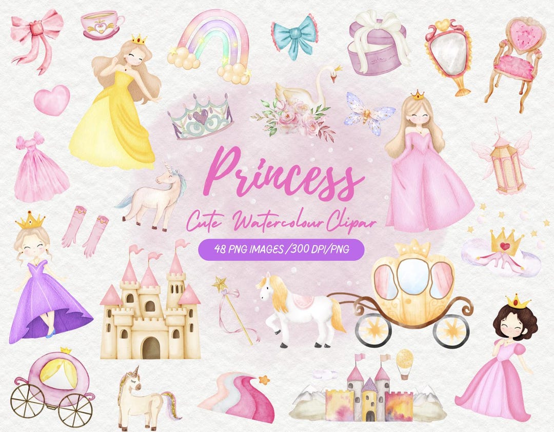 Princess Watercolor Clipart | Fairy Tale Princess PNG, Castle Unicorn ...