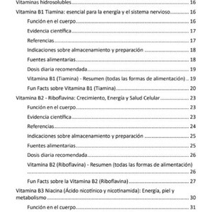 May include: A page from a Spanish-language document, displaying a table of contents. The topics include vitamins, their impact, and related information, with page numbers. The text is in Spanish.