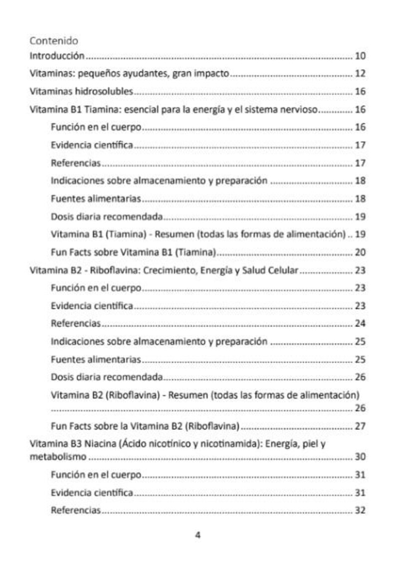 May include: A page from a Spanish-language document, displaying a table of contents. The topics include vitamins, their impact, and related information, with page numbers. The text is in Spanish.