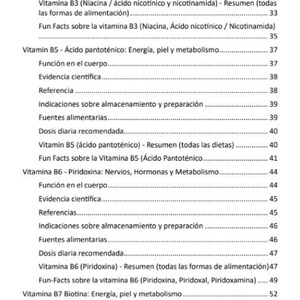 May include: A book page featuring a Spanish table of contents. It lists information on vitamins B3, B5, B6, and B7, including food sources, recommended daily doses, and scientific evidence.