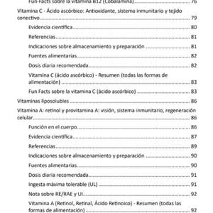 May include: A page from a book with a white background, featuring a table of contents in Spanish about vitamins. The text includes topics like Vitamin B12, Vitamin C, and Vitamin A, with page numbers listed on the right.