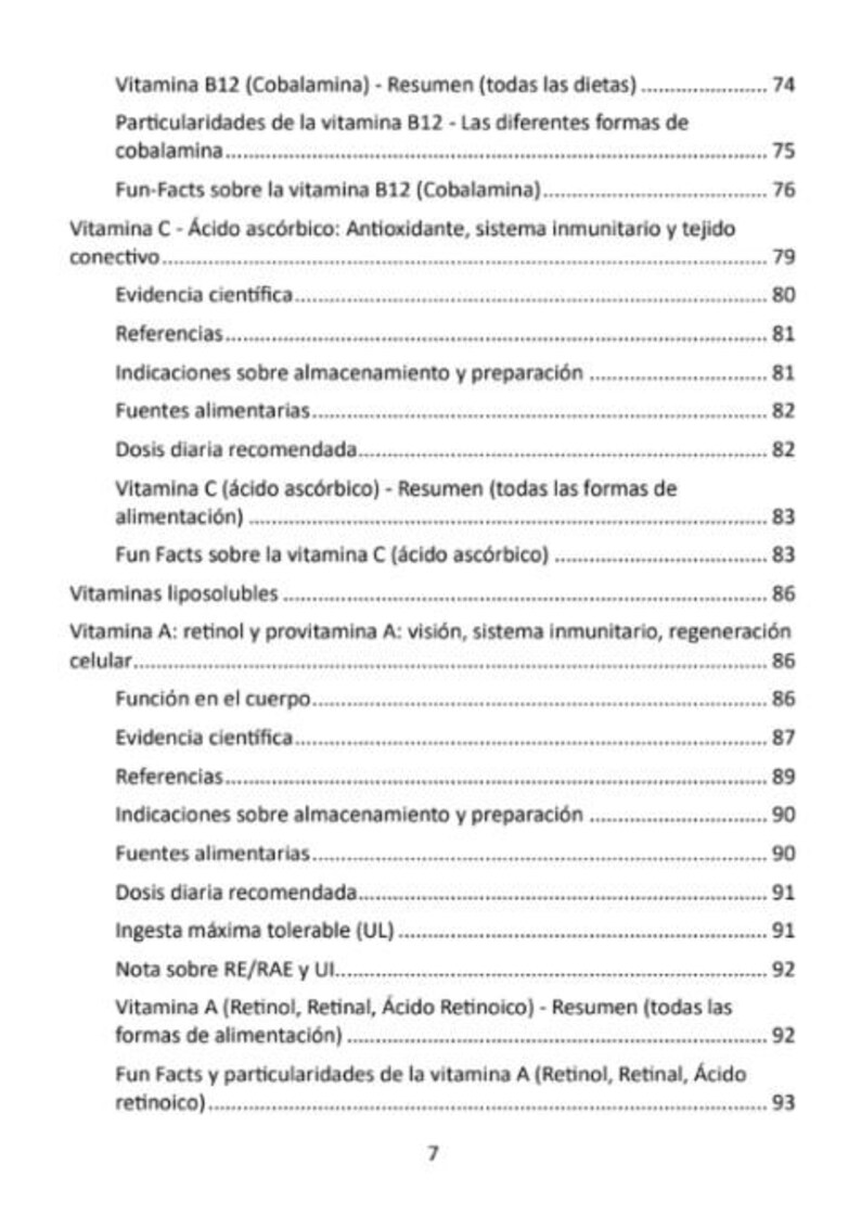 May include: A page from a book with a white background, featuring a table of contents in Spanish about vitamins. The text includes topics like Vitamin B12, Vitamin C, and Vitamin A, with page numbers listed on the right.