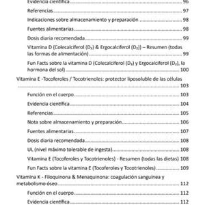 May include: A page from a Spanish-language reference book, with a table of contents. Topics include Vitamin D, Vitamin E, and Vitamin K. The text is black on a white background, with page numbers on the right. The number 8 is at the bottom.
