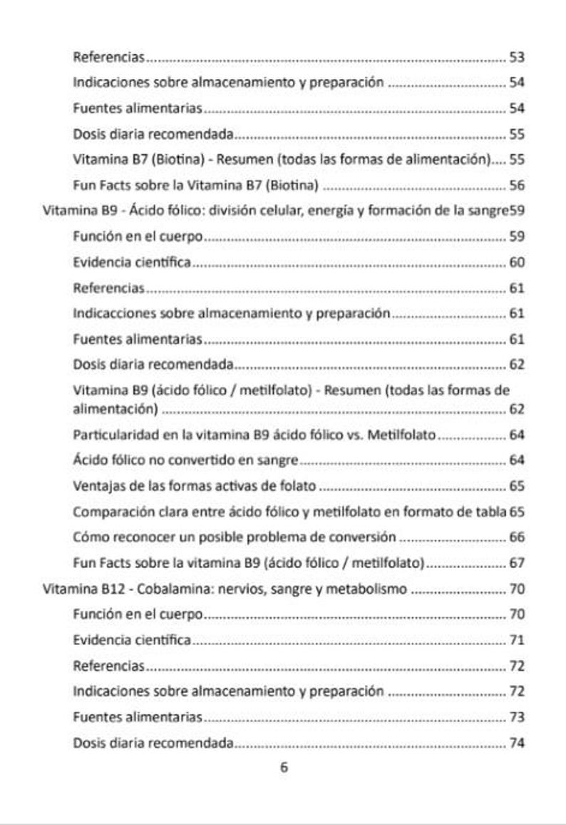 May include: A page from a Spanish-language document with a table of contents. The text includes references to vitamins B7, B9, and B12, with topics like daily dosage and scientific evidence. The page number is 6.