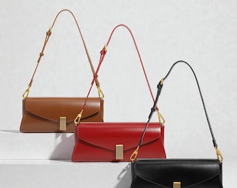 Bolso baguette de piel tejida, bolso de hombro minimalista