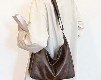 Bolso hobo holgado para mujer, bolso de hombro de piel de inspiración vintage, bolso de hombro informal, bolso de trabajo, bolso tote grande de piel para uso diario.