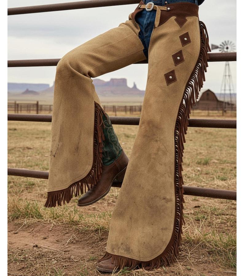Pantalon Western Cowboy En Cuir Daim Avec Franges – Traditionnel – Mine-leather – Homme