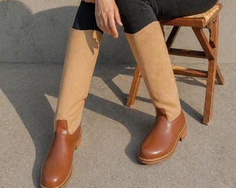 Women Knee High Leather Boots, Two Tone Riding Boots, Handmade Tan Brown Boots, Minimalist Equestrian Style, Fall Winter Footwear
