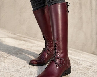 Bottes militaires allemandes en cuir, Bottes hauteur genou bordeaux pour hommes, Bottes d'équitation à lacets, Bottes hautes en cuir, Chaussures de style militaire vintage