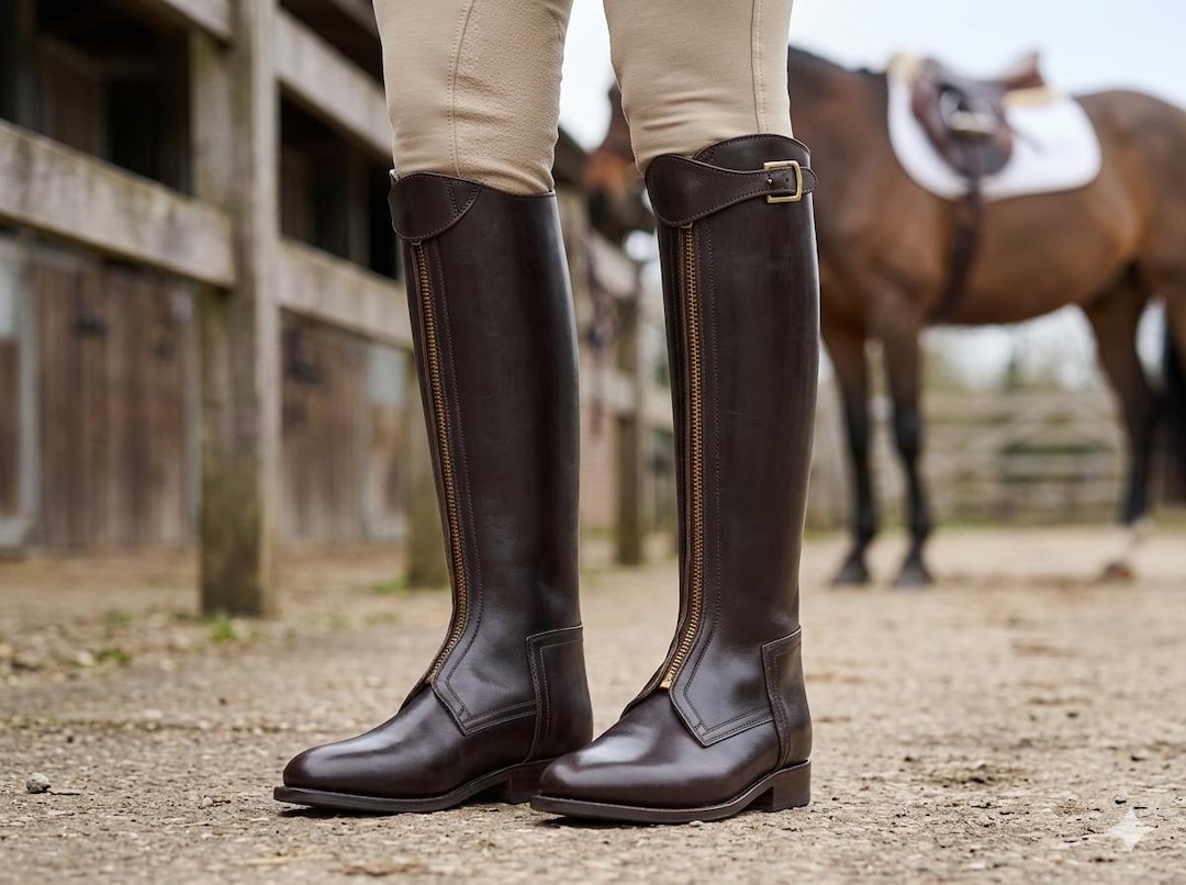 Handmade Brown Leather Knee-high Equestrian Riding Boots, Front Zip ...