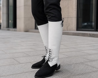 Botas altas de cuero hasta la rodilla / Botas de montar blancas y negras / Botas ecuestres con cordones hechas a mano / Botas altas militares góticas a medida