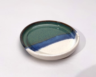 Handmade Ceramic Shallow Dish | Small Kitchen Prep Bowl | White Blue Jade Japanese Style Tray | Housewarming Gift | Jewelry Holder