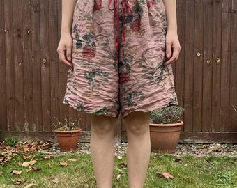 Floral Linen Summer Elastic Waist Shorts: Casual Cottage Style Cotton Ramie Shorts With Pockets