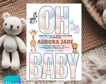 Safari Baby Shower Invitation | Pastel Jungle Animals, Editable Template (Instant Download)