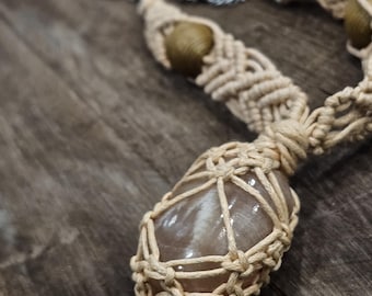 Peach calcite stone - handmade macrame necklace