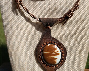 Polished glass stone leather pendant