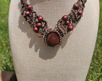 Red tigers eye stone - handmade macrame necklace