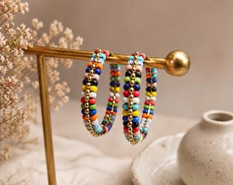 Colorful Beaded Hoop Earrings | Handmade Czech Seed Bead Hoops | Rainbow Statement Earrings | Lightweight Boho Jewelry | Gift for Her