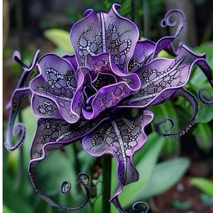 May include: A close-up of a unique purple flower with intricate patterns and textures. The flower's petals have a detailed, dotted design, with a darker purple hue at the edges. The flower's tendrils curl gracefully, adding to its unusual appearance.