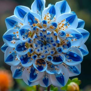 May include: A close-up of a dahlia flower with white petals edged in deep blue. The petals have blue and gold speckles. The flower's center is a mix of white and blue, creating a striking contrast. The background is blurred green.