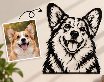May include: A black and white wall art piece featuring a stylized illustration of a Corgi dog with pointed ears and an open mouth, displayed alongside a smaller square photograph of the same Corgi with a curved arrow pointing between them.