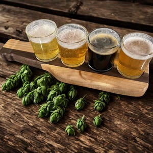 May include: A wooden serving board with four small glasses of beer, each a different color, from light gold to dark brown. Green hops are scattered around the board on a rustic wooden surface. A beer flight.